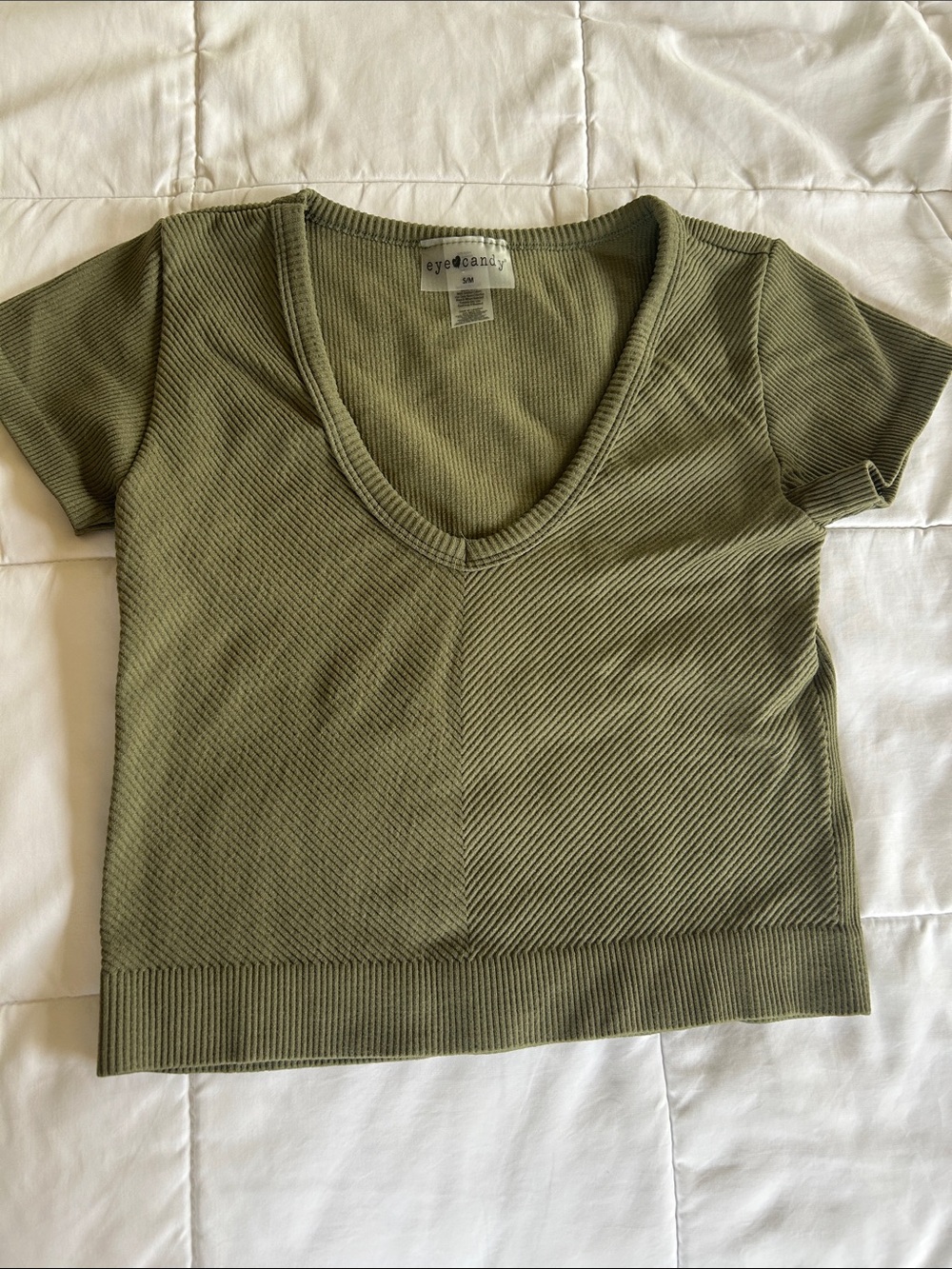eye candy Olive Ribbed V-Neck Short Sleeve Top